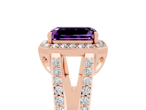 Rose gold Emerald Cut Amethyst Halo Ring with Split Shank U-Prong Band and Four-Prong Setting_5