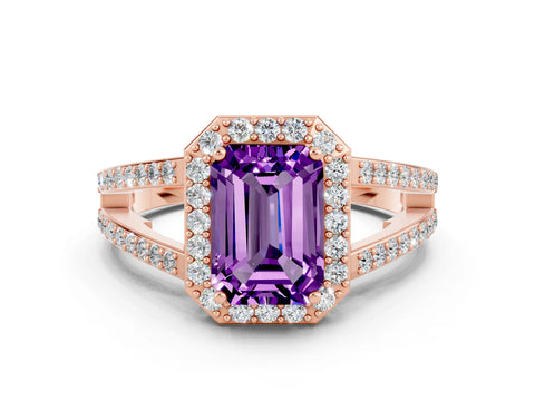 Rose gold Emerald Cut Amethyst Halo Ring with Split Shank U-Prong Band and Four-Prong Setting