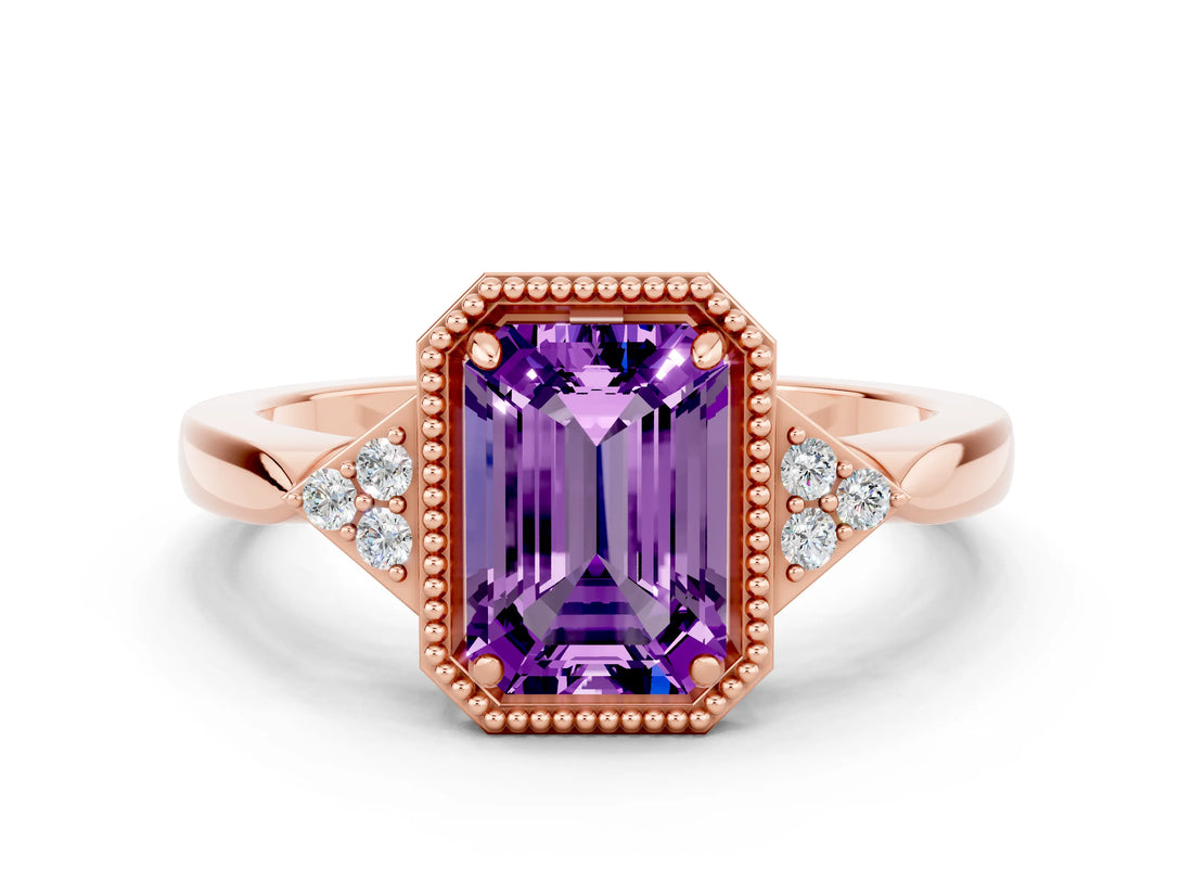 Rose gold Emerald Cut Amethyst Halo Ring with Tapered Band and Four-Prong Setting
