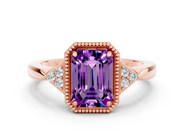 Rose gold Emerald Cut Amethyst Halo Ring with Tapered Band and Four-Prong Setting