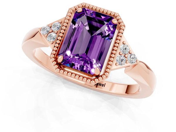 Rose gold Emerald Cut Amethyst Halo Ring with Tapered Band and Four-Prong Setting