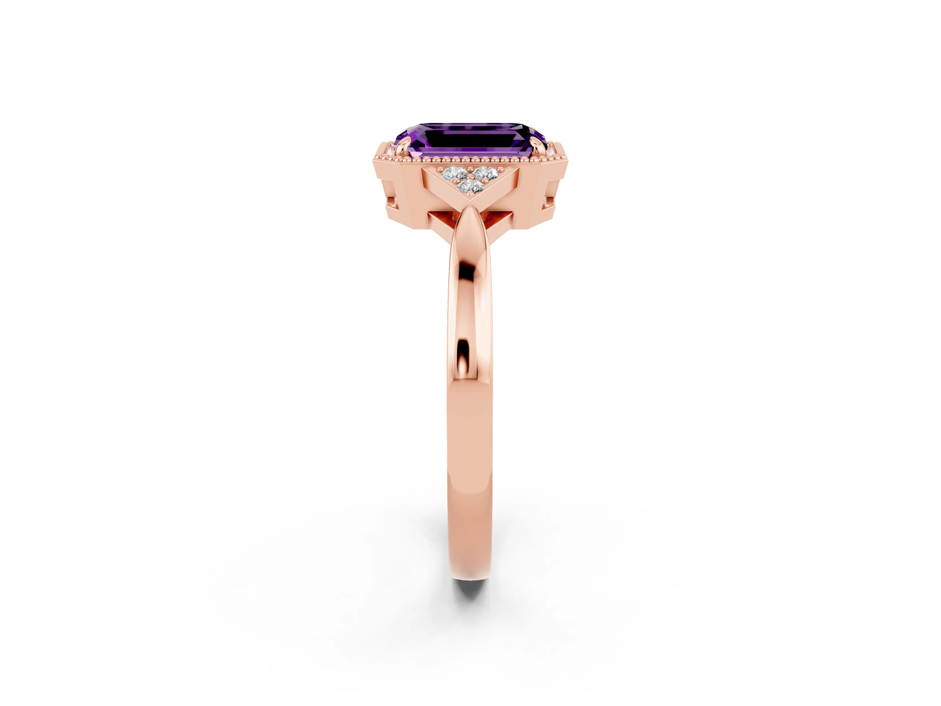 Rose gold Emerald Cut Amethyst Halo Ring with Tapered Band and Four-Prong Setting_2