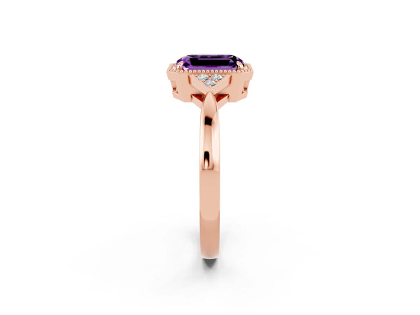 Rose gold Emerald Cut Amethyst Halo Ring with Tapered Band and Four-Prong Setting