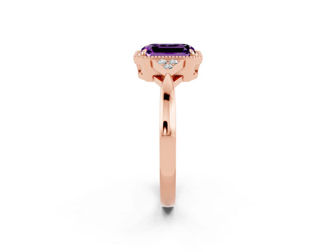Rose gold Emerald Cut Amethyst Halo Ring with Tapered Band and Four-Prong Setting_2