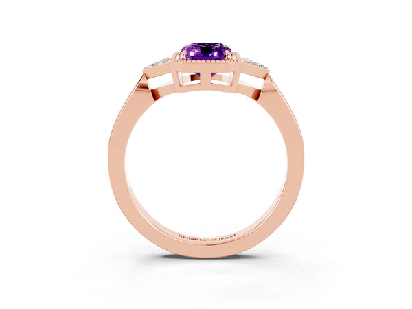 Rose gold Emerald Cut Amethyst Halo Ring with Tapered Band and Four-Prong Setting
