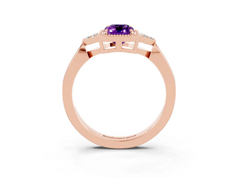 Rose gold Emerald Cut Amethyst Halo Ring with Tapered Band and Four-Prong Setting_3