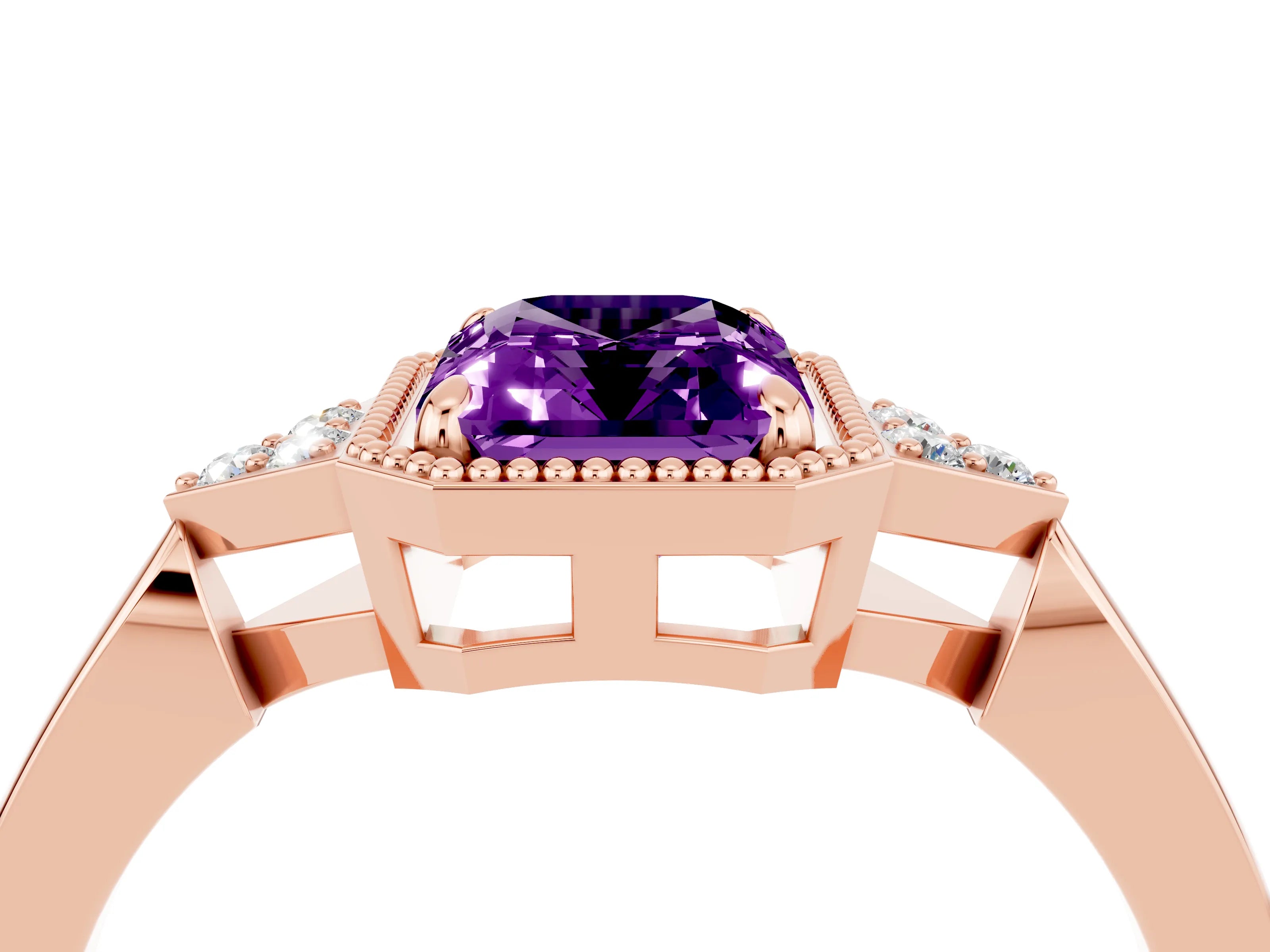 Rose gold Emerald Cut Amethyst Halo Ring with Tapered Band and Four-Prong Setting_4