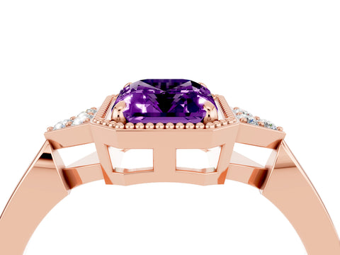 Rose gold Emerald Cut Amethyst Halo Ring with Tapered Band and Four-Prong Setting_4