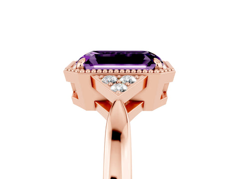 Rose gold Emerald Cut Amethyst Halo Ring with Tapered Band and Four-Prong Setting_5