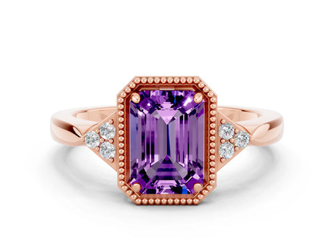 Rose gold Emerald Cut Amethyst Halo Ring with Tapered Band and Four-Prong Setting