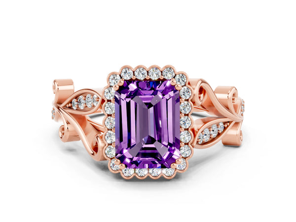 Rose gold Emerald Cut Amethyst Halo Ring with Vintage Split Shank and Four-Prong Setting