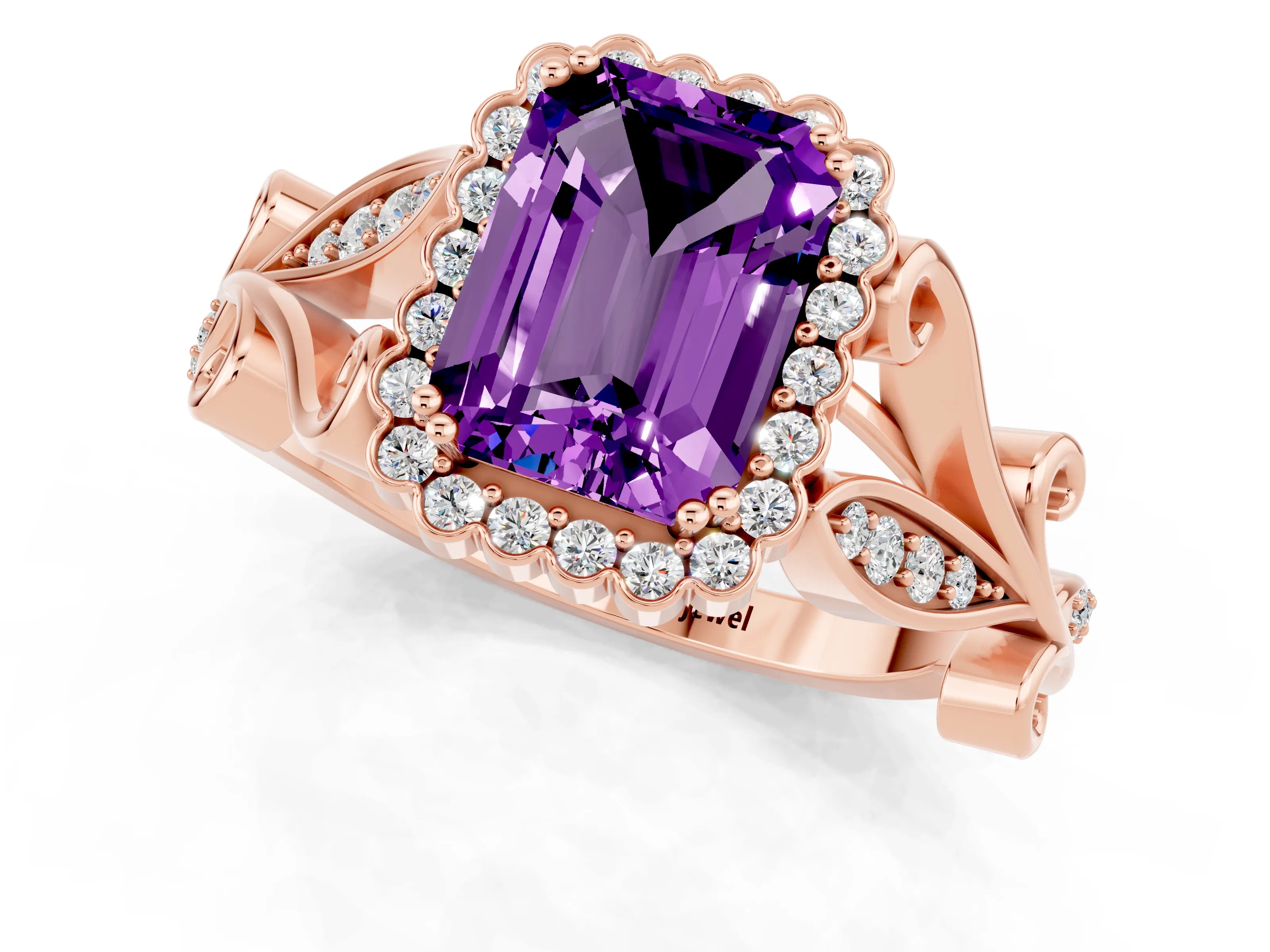 Rose gold Emerald Cut Amethyst Halo Ring with Vintage Split Shank and Four-Prong Setting_1