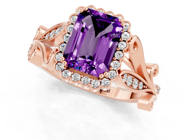 Rose gold Emerald Cut Amethyst Halo Ring with Vintage Split Shank and Four-Prong Setting