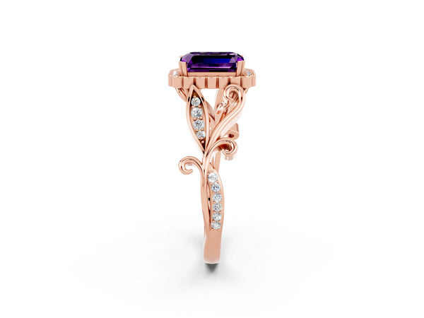 Rose gold Emerald Cut Amethyst Halo Ring with Vintage Split Shank and Four-Prong Setting