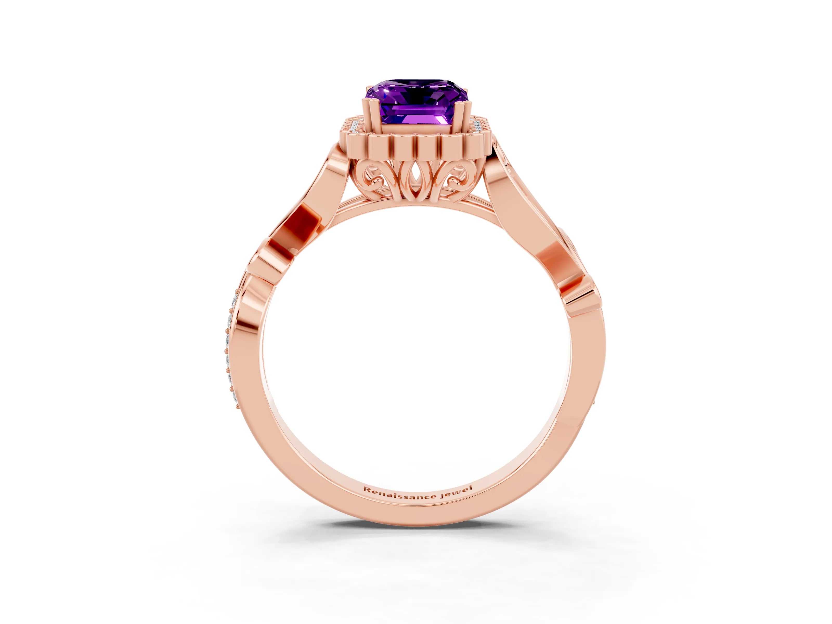 Rose gold Emerald Cut Amethyst Halo Ring with Vintage Split Shank and Four-Prong Setting_3