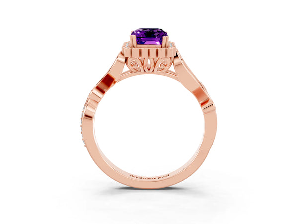 Rose gold Emerald Cut Amethyst Halo Ring with Vintage Split Shank and Four-Prong Setting