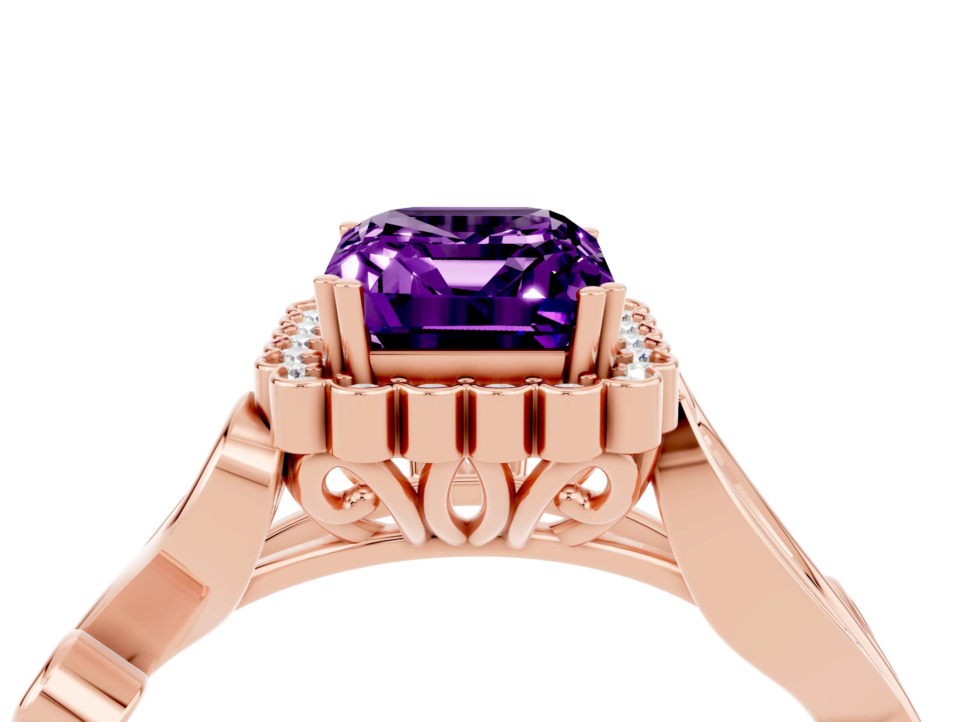 Rose gold Emerald Cut Amethyst Halo Ring with Vintage Split Shank and Four-Prong Setting_4