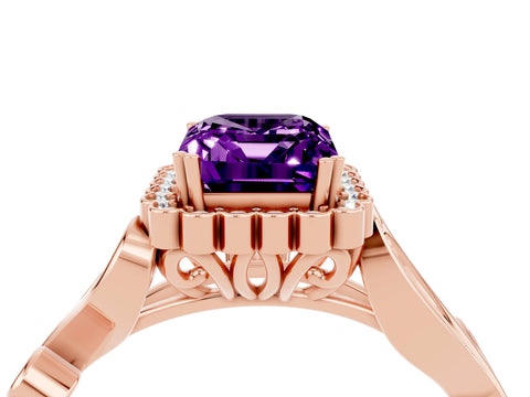 Rose gold Emerald Cut Amethyst Halo Ring with Vintage Split Shank and Four-Prong Setting_4