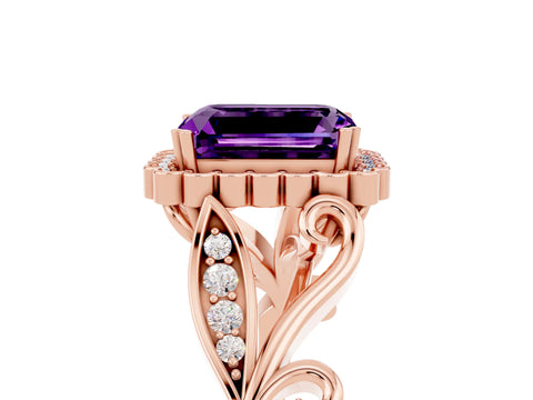 Rose gold Emerald Cut Amethyst Halo Ring with Vintage Split Shank and Four-Prong Setting_5