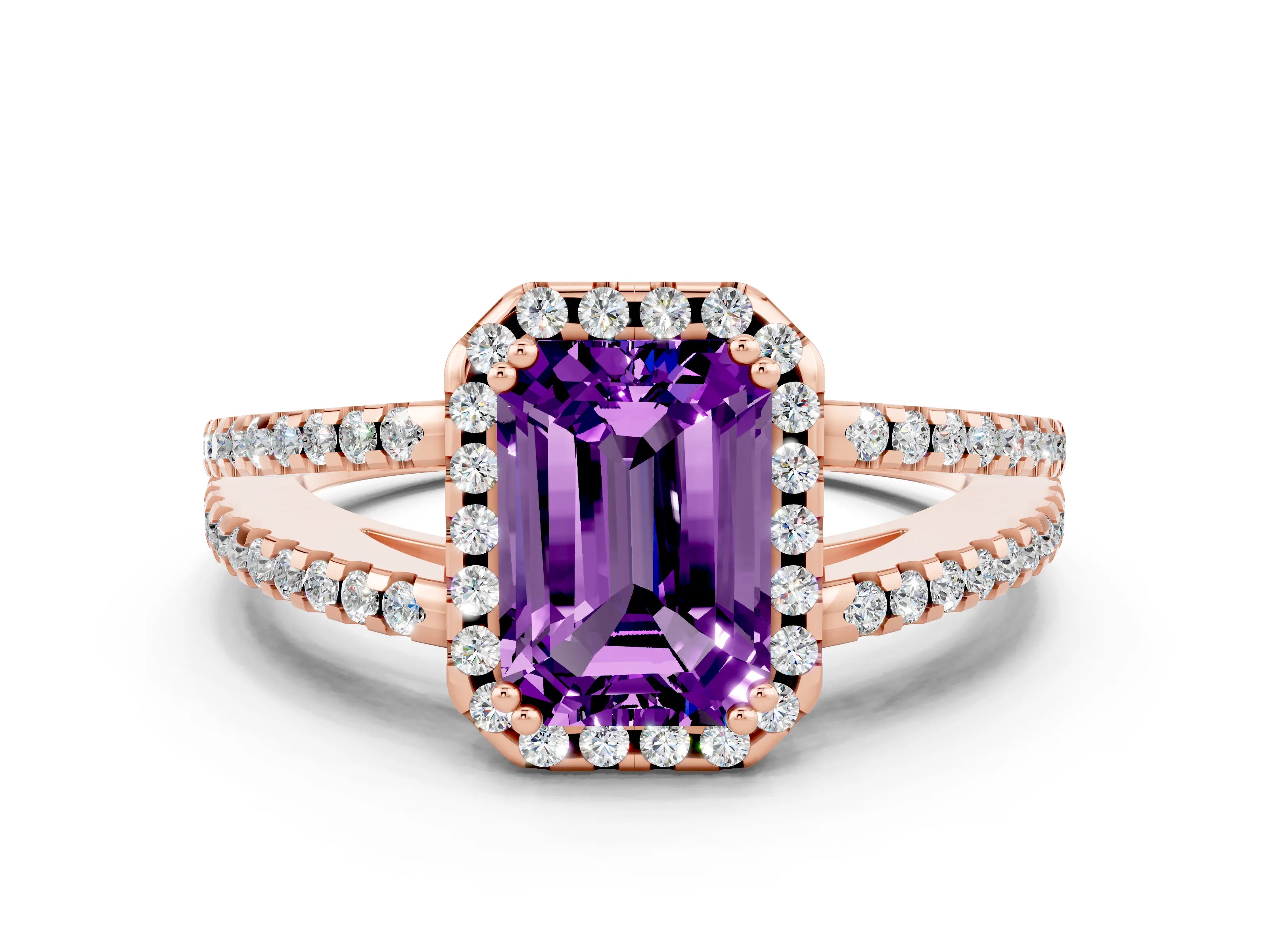 Rose gold Emerald Cut Amethyst Halo Split Shank Engagement Ring_12