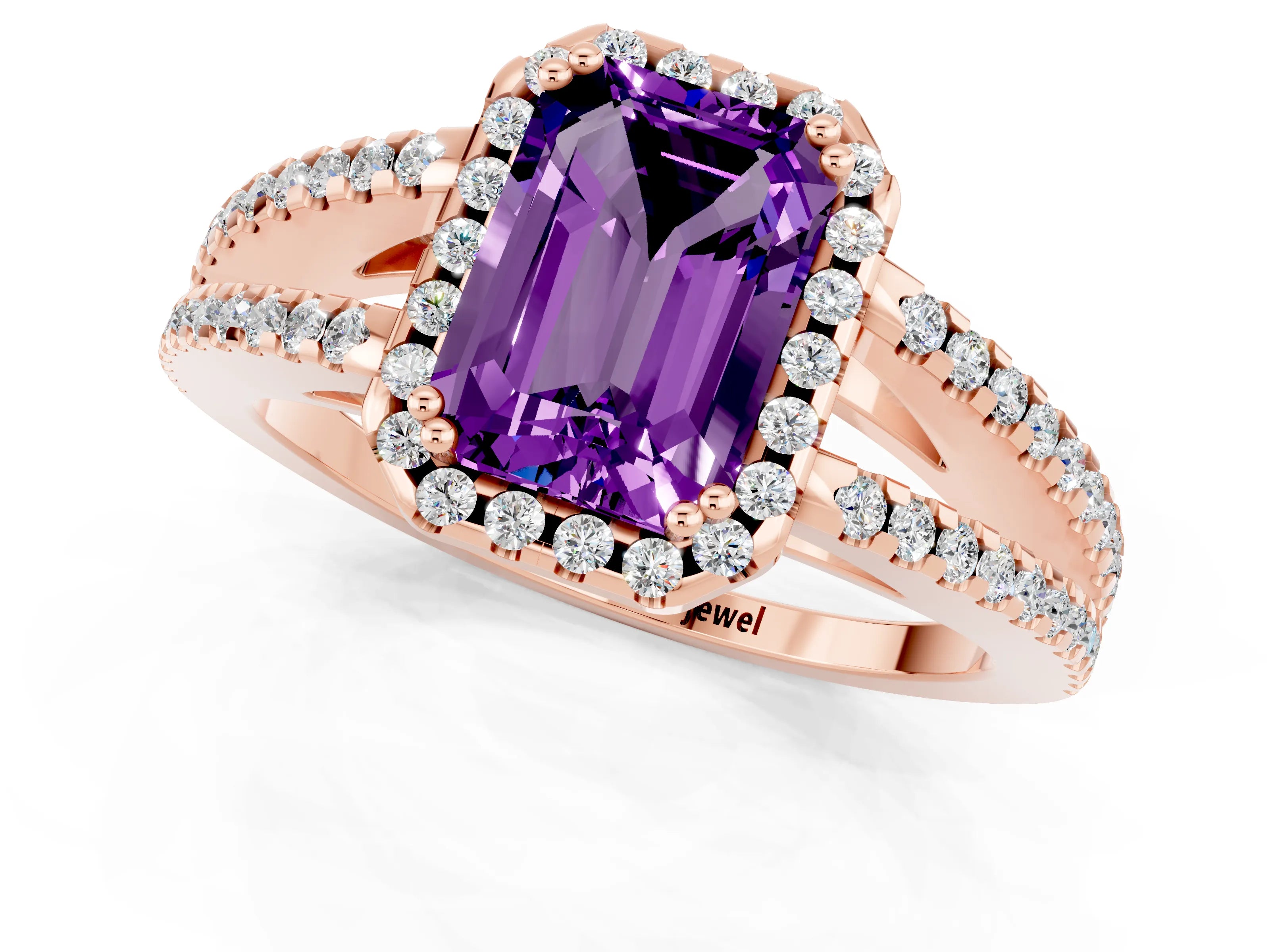 Rose gold Emerald Cut Amethyst Halo Split Shank Engagement Ring_13
