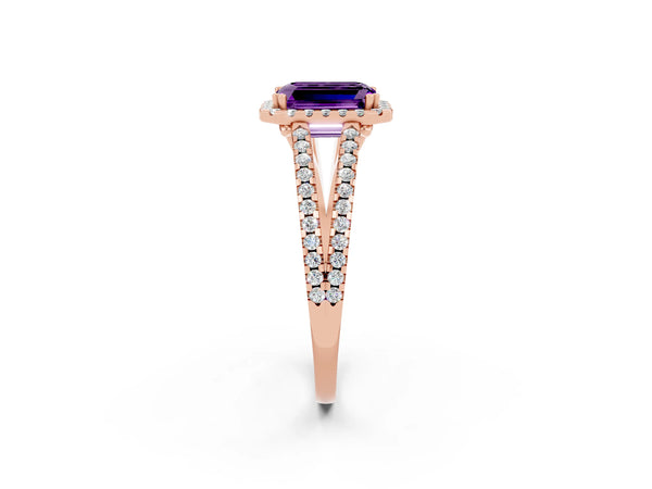 Rose gold Emerald Cut Amethyst Halo Split Shank Engagement Ring