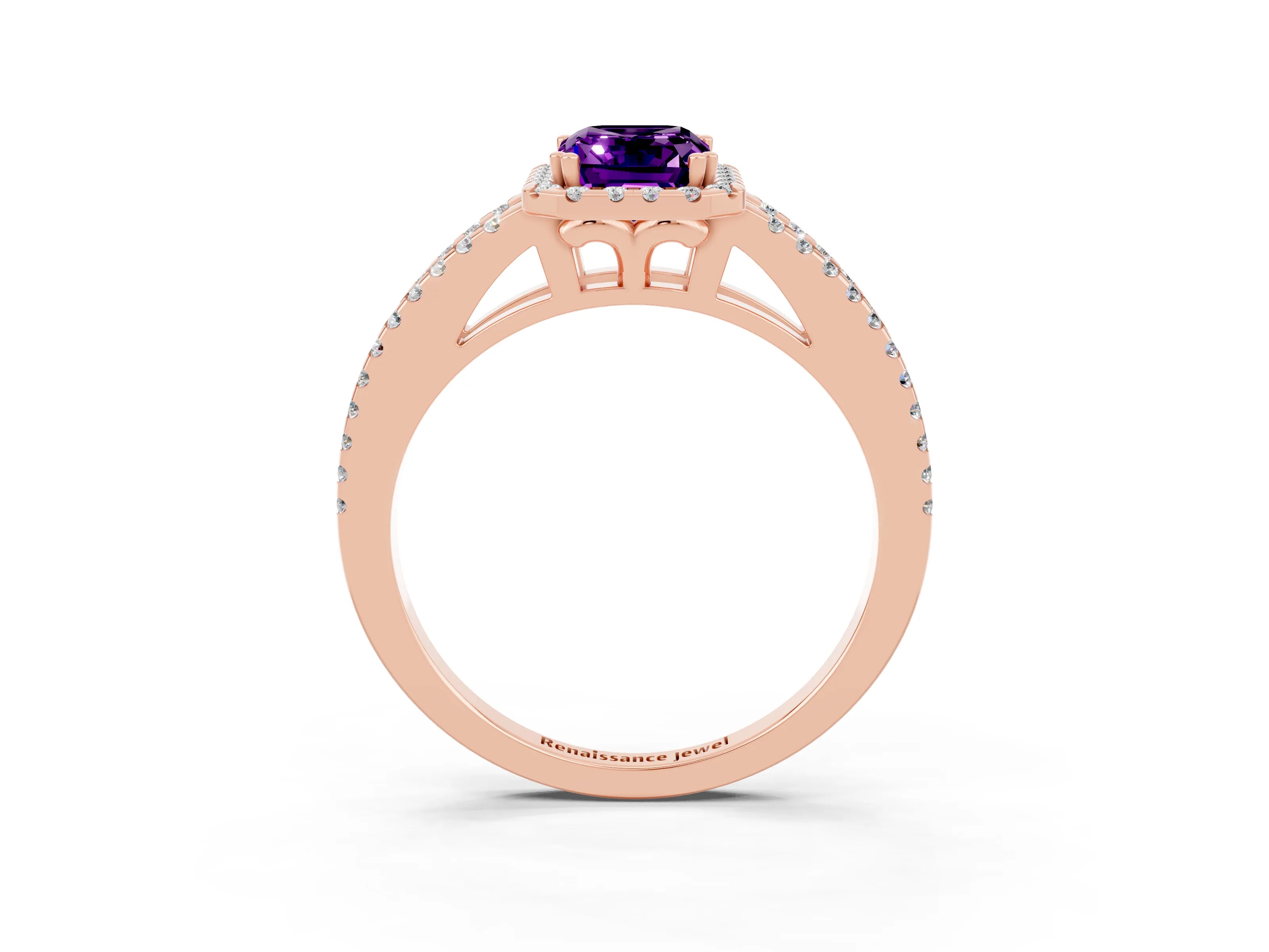 Rose gold Emerald Cut Amethyst Halo Split Shank Engagement Ring_15