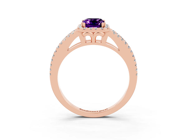 Rose gold Emerald Cut Amethyst Halo Split Shank Engagement Ring