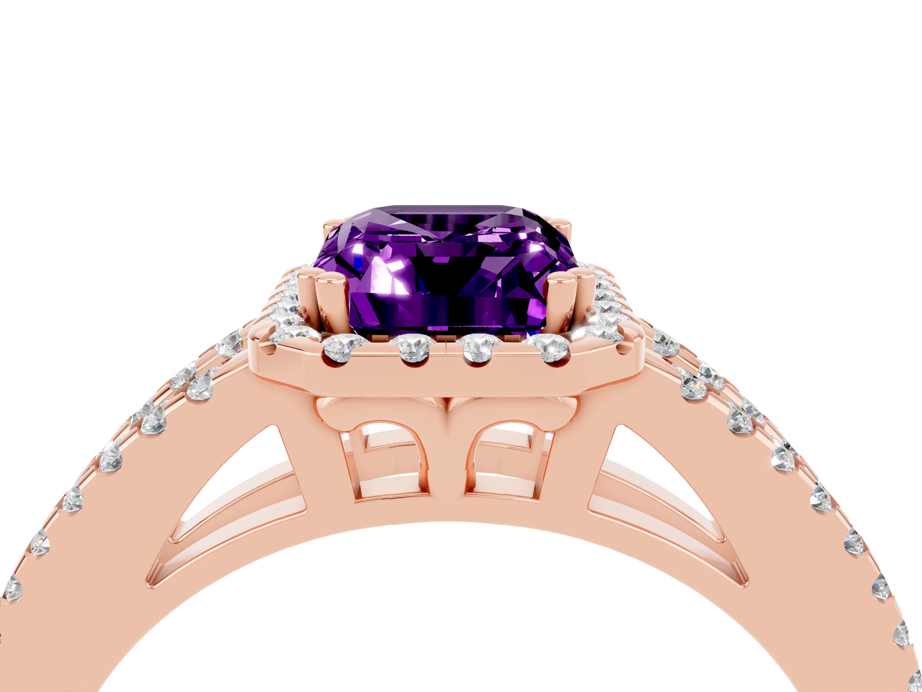 Rose gold Emerald Cut Amethyst Halo Split Shank Engagement Ring_16