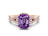 Rose gold Emerald Cut Amethyst Halo Twist Band Solitaire Prong Setting Ring