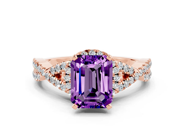 Rose gold Emerald Cut Amethyst  Halo Twist Band Solitaire Prong Setting Ring