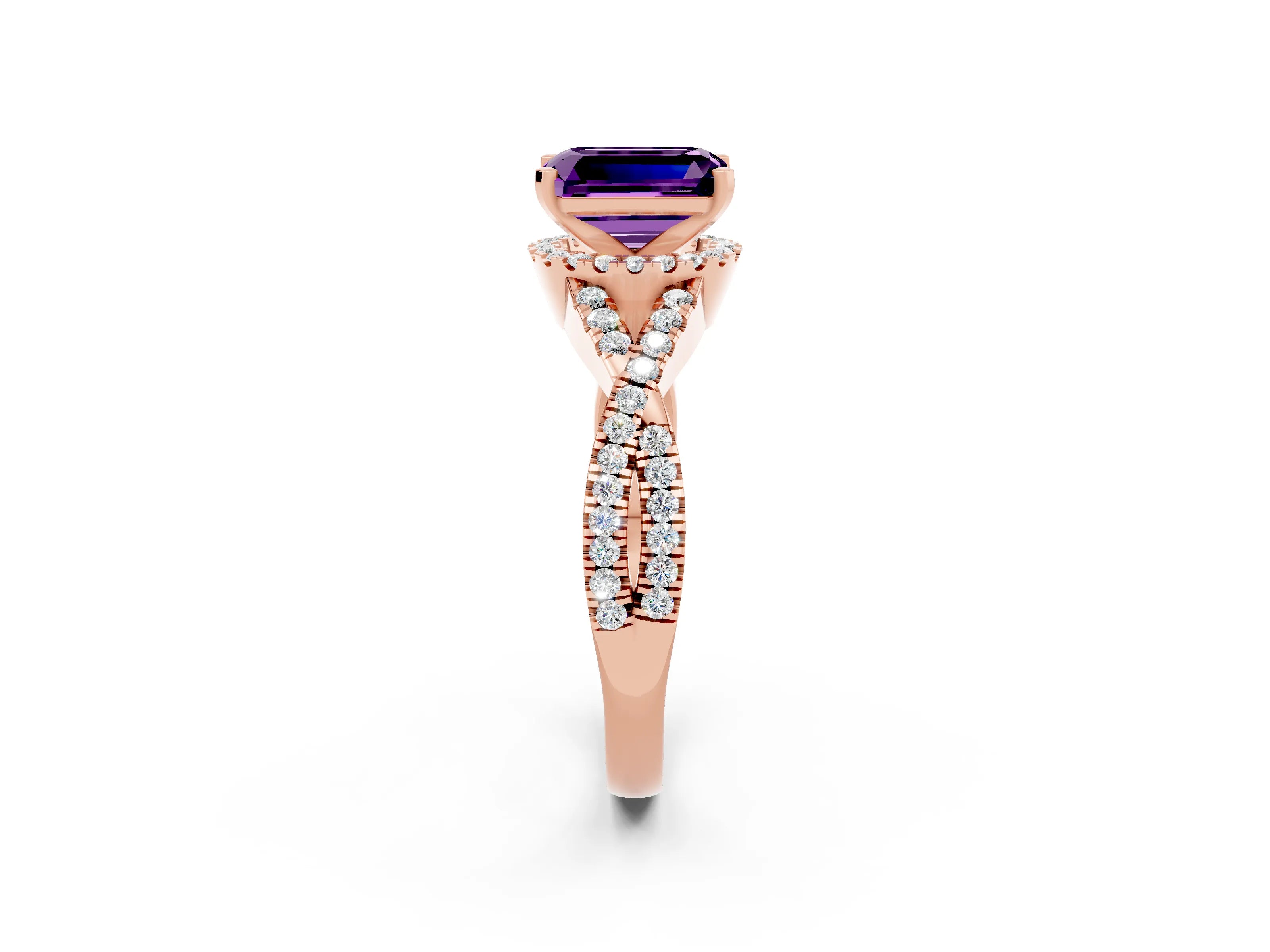 Rose gold Emerald Cut Amethyst Halo Twist Band Solitaire Prong Setting Ring_2