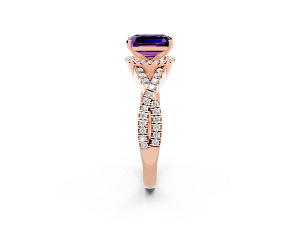 Rose gold Emerald Cut Amethyst  Halo Twist Band Solitaire Prong Setting Ring