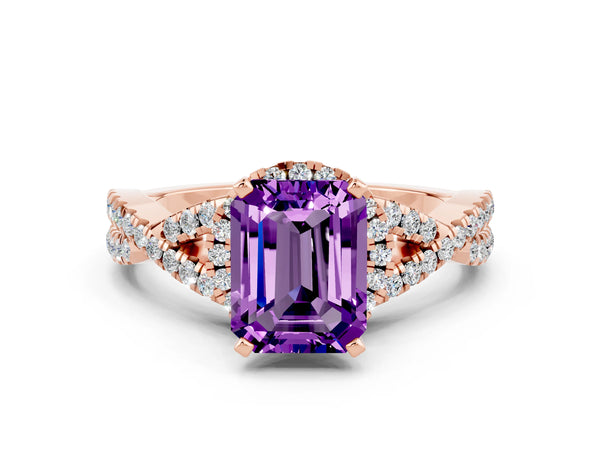 Rose gold Emerald Cut Amethyst  Halo Twist Band Solitaire Prong Setting Ring