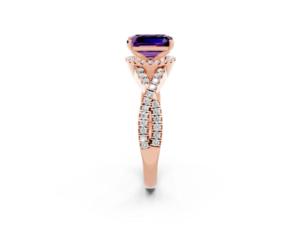 Rose gold Emerald Cut Amethyst  Halo Twist Band Solitaire Prong Setting Ring
