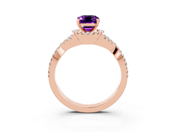 Rose gold Emerald Cut Amethyst  Halo Twist Band Solitaire Prong Setting Ring