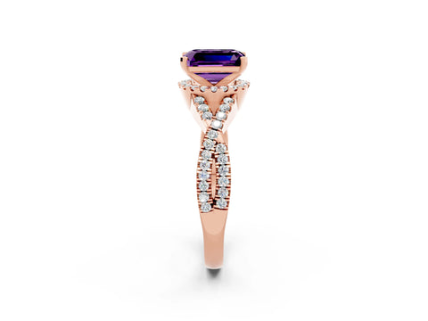 Rose gold Emerald Cut Amethyst Halo Twist Band Solitaire Prong Setting Ring_2