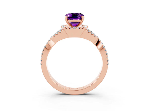 Rose gold Emerald Cut Amethyst  Halo Twist Band Solitaire Prong Setting Ring