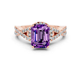 Rose gold Emerald Cut Amethyst  Halo Twist Band Solitaire Prong Setting Ring_36