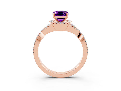Rose gold Emerald Cut Amethyst Halo Twist Band Solitaire Prong Setting Ring_3
