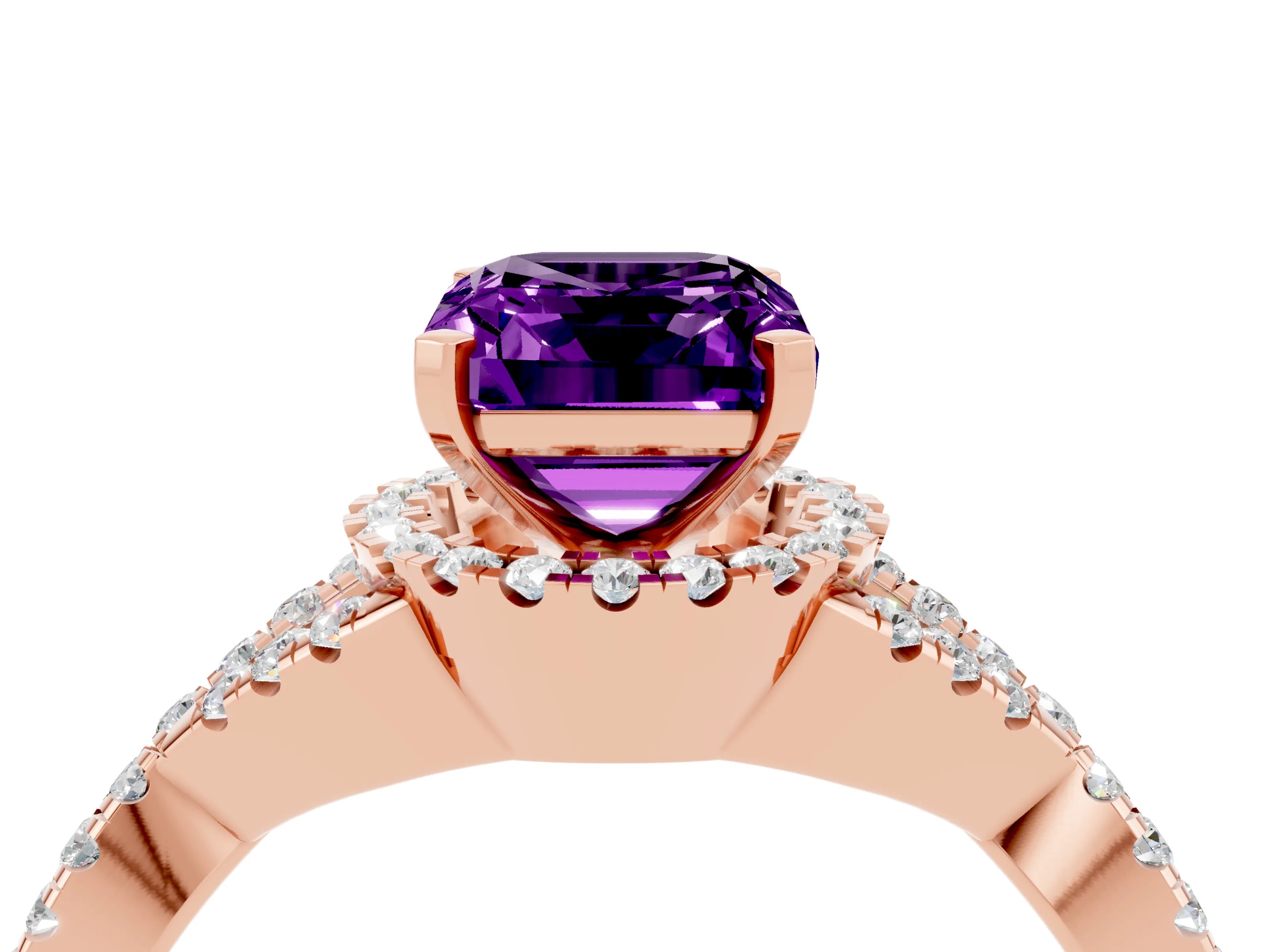Rose gold Emerald Cut Amethyst Halo Twist Band Solitaire Prong Setting Ring_4