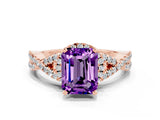 Rose gold Emerald Cut Amethyst  Halo Twist Band Solitaire Prong Setting Ring_42