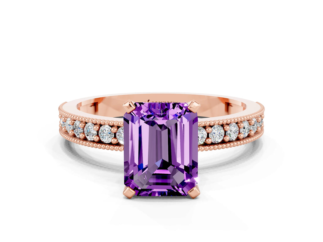 Rose gold Emerald Cut Amethyst Milgrain Pavé Engagement Ring with Four-Prong Setting_12
