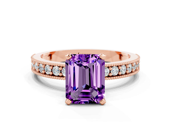 Rose gold Emerald Cut Amethyst Milgrain Pavé Engagement Ring with Four-Prong Setting