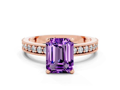 Rose gold Emerald Cut Amethyst Milgrain Pavé Engagement Ring with Four-Prong Setting_12