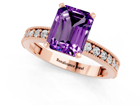 Rose gold Emerald Cut Amethyst Milgrain Pavé Engagement Ring with Four-Prong Setting_13