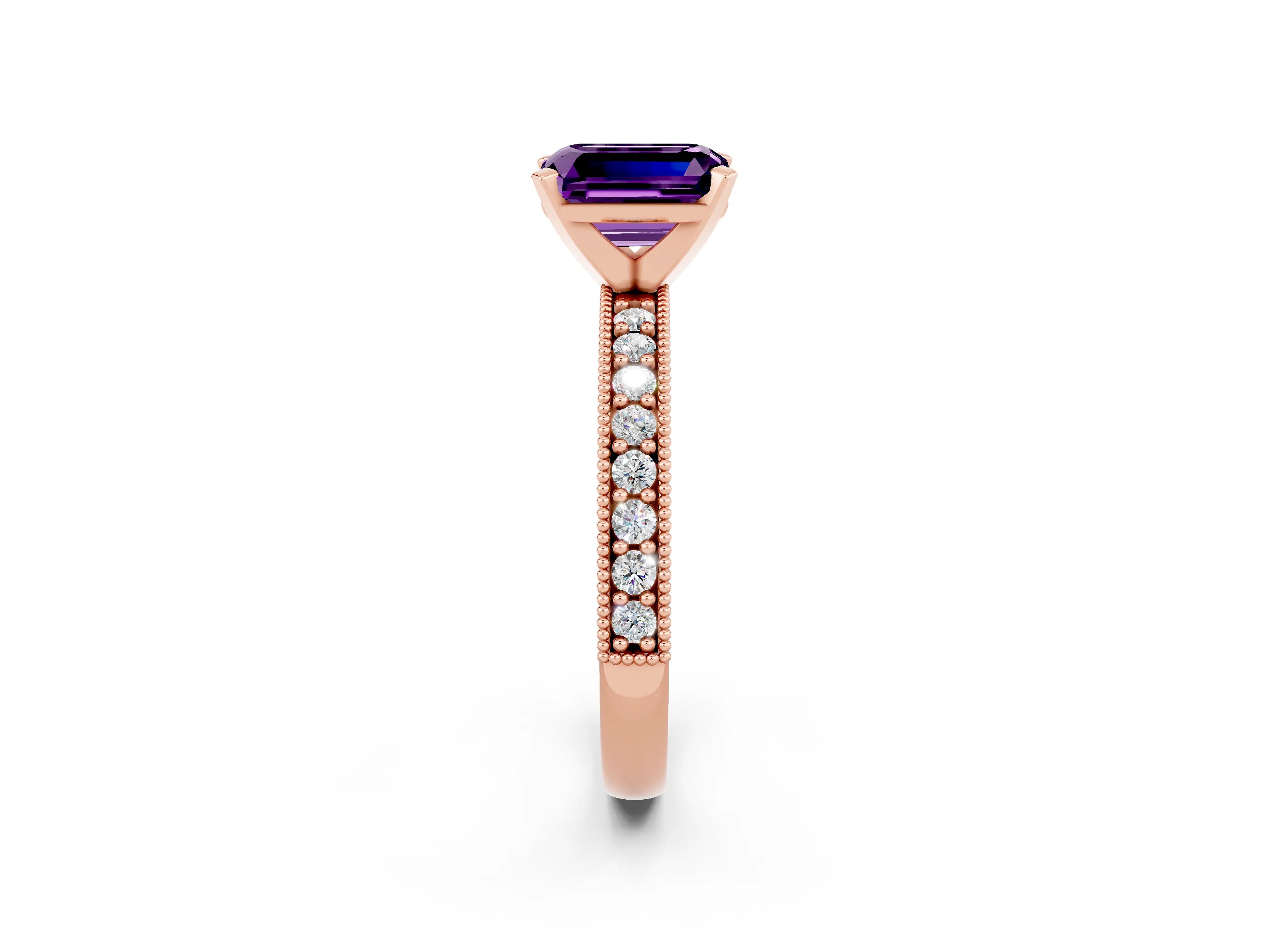 Rose gold Emerald Cut Amethyst Milgrain Pavé Engagement Ring with Four-Prong Setting_14