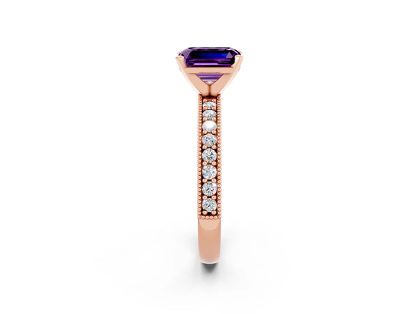 Rose gold Emerald Cut Amethyst Milgrain Pavé Engagement Ring with Four-Prong Setting