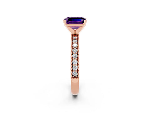 Rose gold Emerald Cut Amethyst Milgrain Pavé Engagement Ring with Four-Prong Setting_14