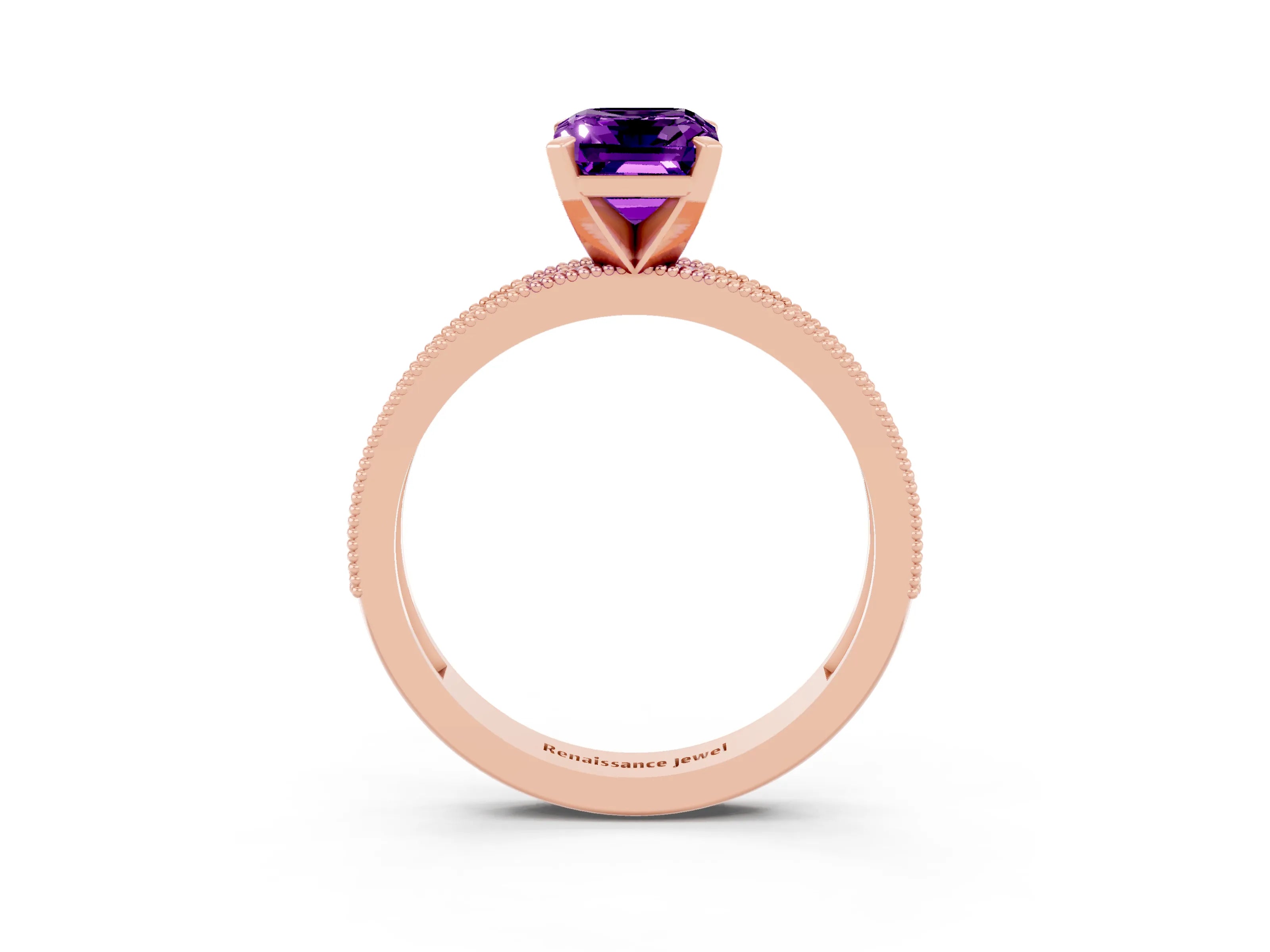 Rose gold Emerald Cut Amethyst Milgrain Pavé Engagement Ring with Four-Prong Setting_15